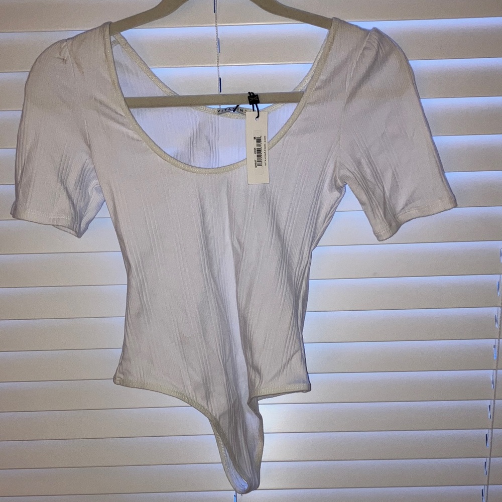 Vitamin A White Ribbed Scoop-Neck Short Sleeve Bodysuit